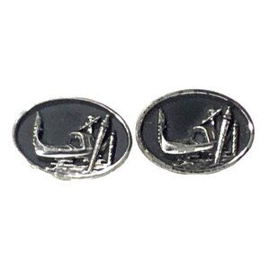 Large Vintage Hickok Gondola Venice Canal Scene Cufflinks Silver Tone Black Oval